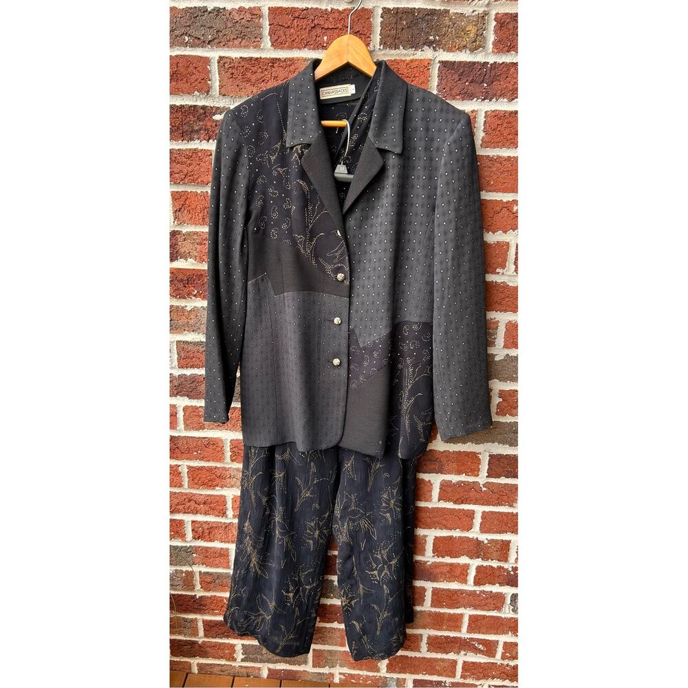 Vintage Canvasbacks Black Gold 3 Piece Pant Suit Jacket Blouse Pants Size 12 L